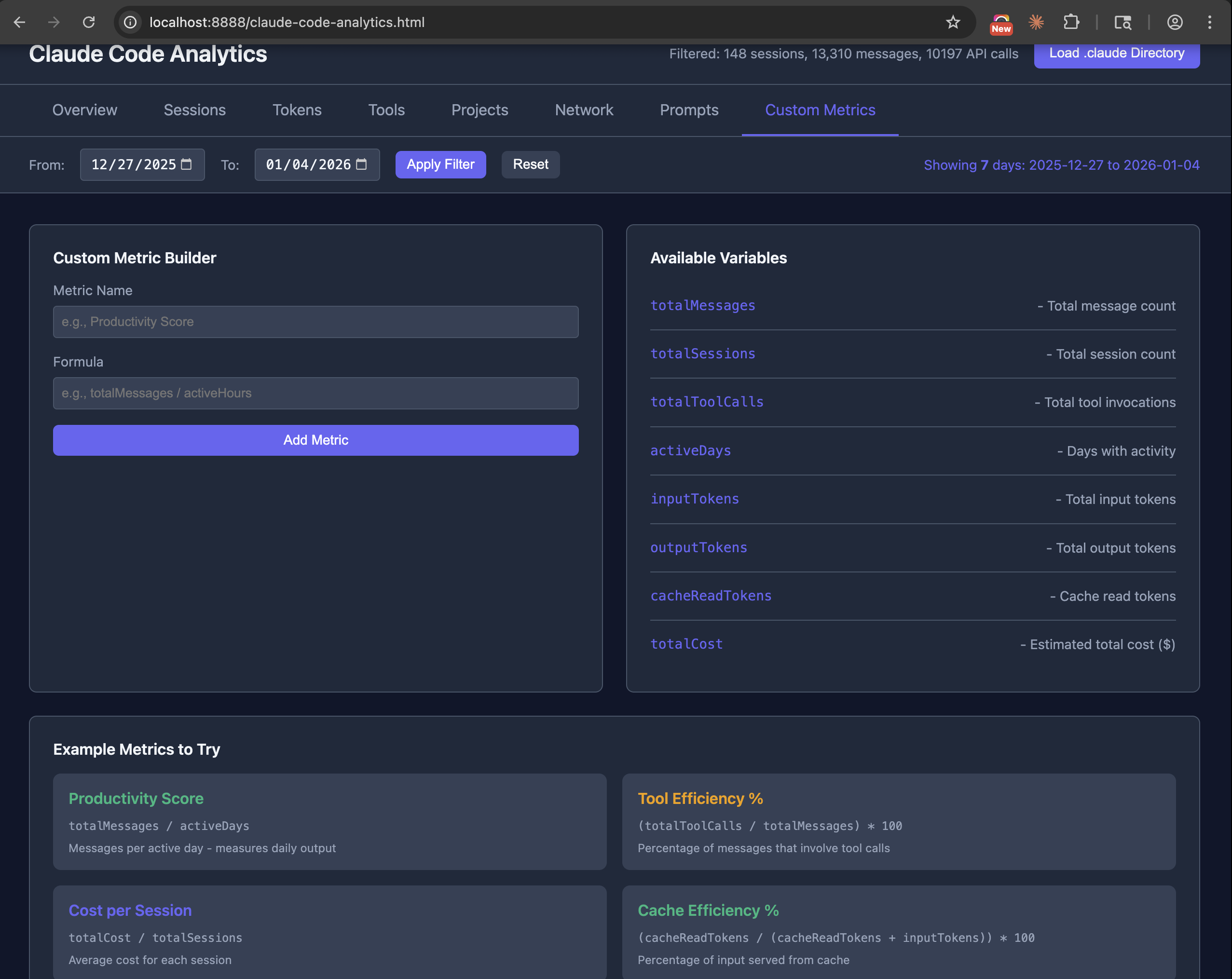 Custom Metrics Tab - Create user-defined metrics with custom formulas