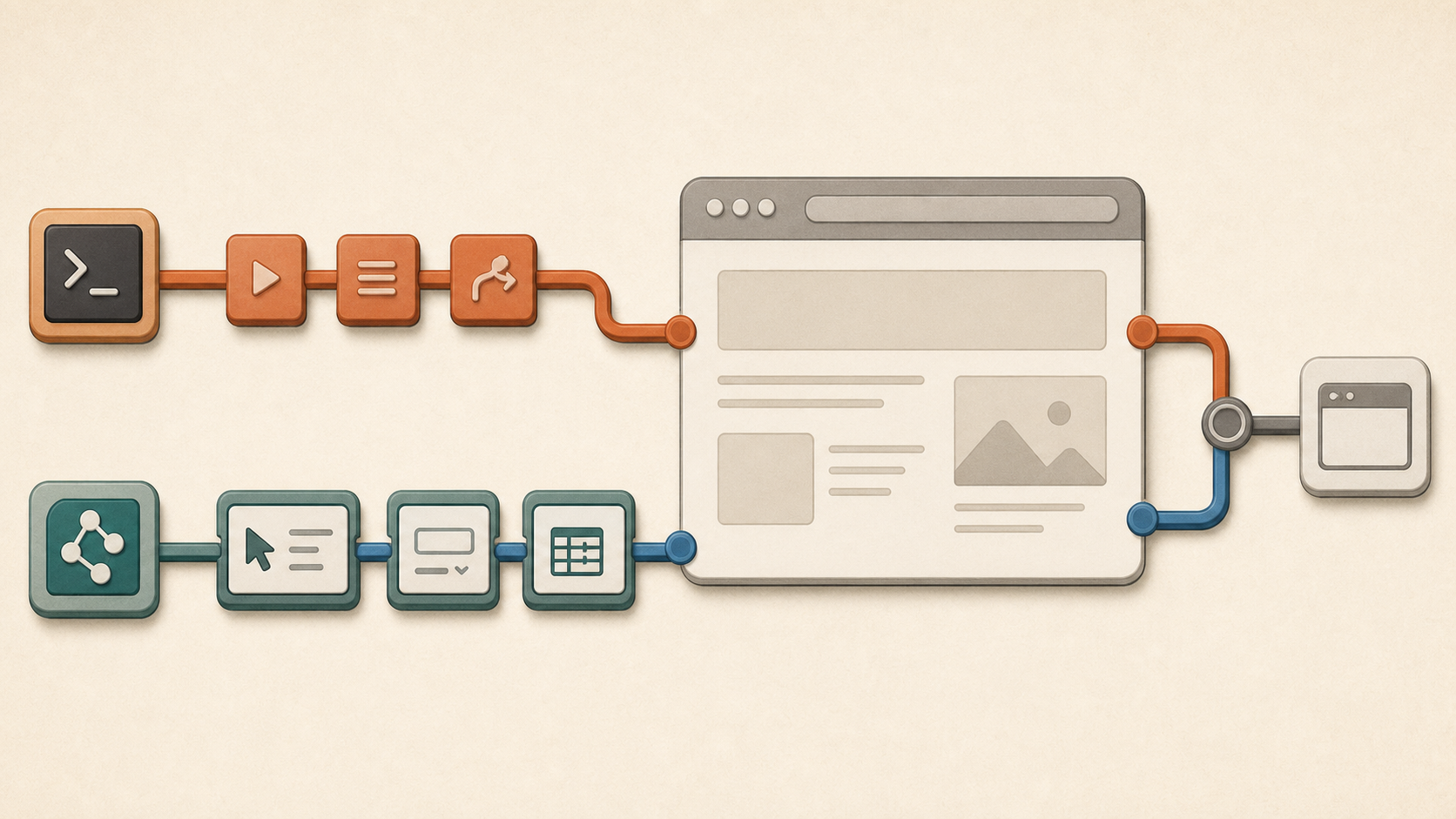 Abstract browser automation diagram with CLI and MCP paths reaching the same browser